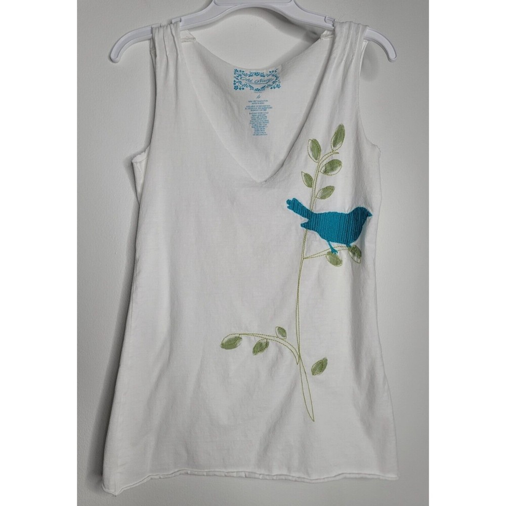 Old Navy White Shirt Blue Bird Green Embroidery Top Women S Small Tiny‎ Fit Tank